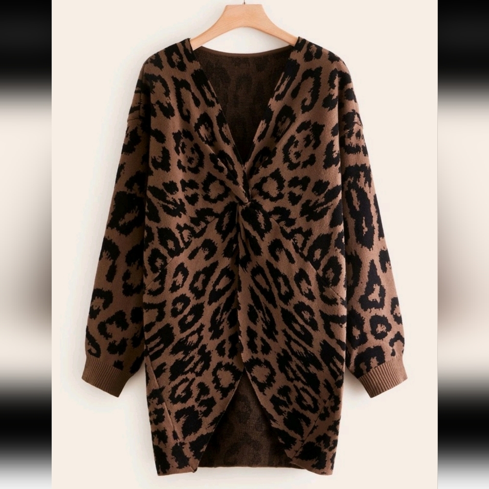 Plus Allover Leopard Twist Front Sweater
